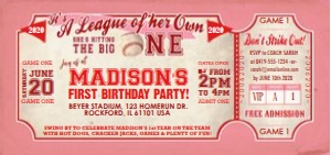 A League of Her Own 1st Bday Baseball Ticket Invitation TheSassabyPartyCo DL: A League of Her Own 1st Bday Baseball Ticket Invitation Alouette Digital 4"x8"