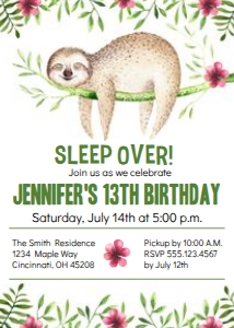 Sloth Sleep Over Party design preview