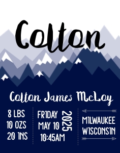 Mountain Baby Stats - Blue 11x14: Mountain Birth Stats - Blue