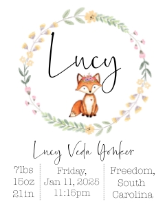 8x10 Fox Flowers Woodland Birth Stats: Woodland Fox Flower Baby Stats Sign
