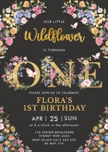 FLO2 - 1st Birthday Invite BLACK: FLO2 - 1st Birthday Invite BLACK