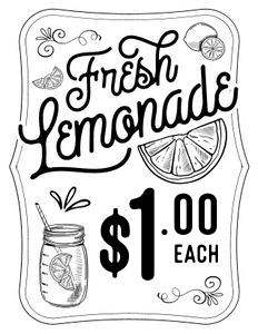 Fresh Lemonade BW - 8.5x11" Sign - DOLLARS: Fresh Lemonade BW Signs