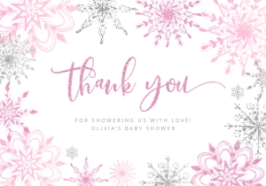 Pink snowflakes thank you card design preview