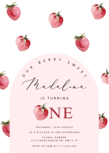 Strawberry first birthday invite design preview