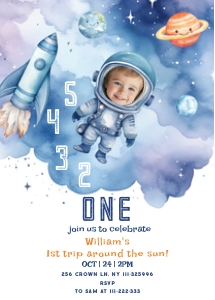 Outer Space Boy 1st Birthday party invitation. design preview