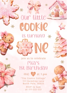 Pink Cookie 1st birth invite: Pink Cookie birthday invite