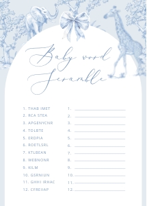 Baby word Scramble: Toile de Jouy Safari Baby shower games