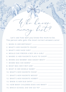 Who knows mommy best: Toile de Jouy Safari Baby shower games