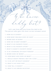 Who knows daddy best: Toile de Jouy Safari Baby shower games