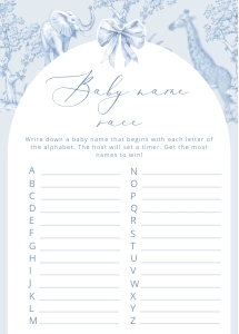 Baby Name race: Toile de Jouy Safari Baby shower games