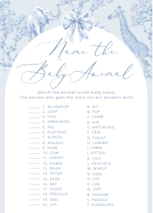 Name that Baby Animal: Toile de Jouy Safari Baby shower games