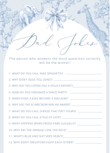Dad jokes: Toile de Jouy Safari Baby shower games