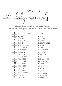 Name the baby Animal ANSWER KEY: Wildflower baby shower games