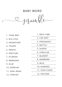 Baby Word Scramble ANSWER KEY: Wildflower baby shower games