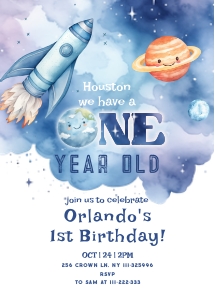 Rocket Ship Outerspace 1st Birthday invitation design preview