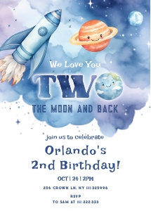 Two the Moon boy 2nd Birthday invitation. design preview