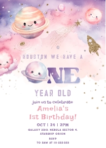 Girl Space 1st birthday invite design preview