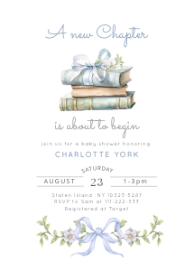 Blue Bow New Chapter Storybook Baby shower invitation design preview