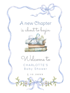 Blue Bow New Chapter Baby shower welcome sign design preview