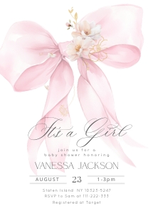 Pink Bow It's a girl Baby shower invitation design preview