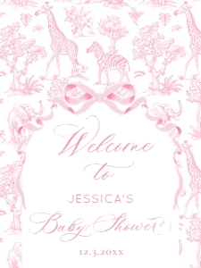 Pink Toilde de Jouy Safari Baby shower elcome sign template design preview