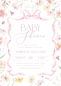 Wildflower Pink ribbon Bow Baby Shower invitation design preview