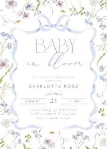 Editable Baby in Bloom Blue Bow Wildflower baby shower invitation design preview