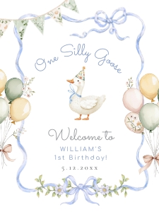 One Silly Goose Blue Bow frame 1st Birthday Welcome sign design preview