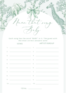 Sage Green Safari animals Toile de Jouy Baby Shower games design preview