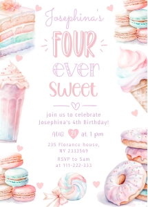 Four ever sweet Sweets donut 4th birthday invitation design preview