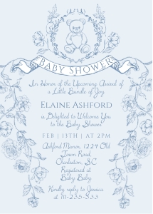 Toile de Jouy Blue Teddy bear Baby Shower invitation design preview