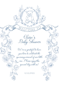 Toile de Jouy Blue Teddy Bear Baby Shower Welcome sign design preview