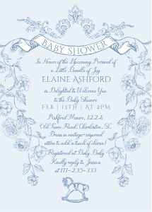 Toile de jouy Rocking Horse French Baby shower invitation design preview