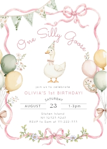 Pink Girl One silly goose 1st Birthday invitation design preview