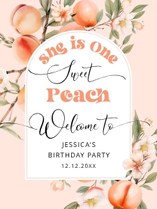 She is one sweet peach girl 1st Birthday Welcome sign template design preview