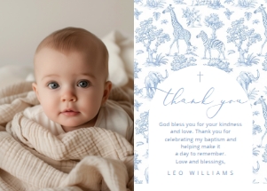 Baptism Photo Thank you card template. Toile Safari Baby Boy design preview