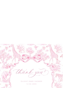 Pink Toile De Jouy Safari animals Baby shower Thank you card design preview