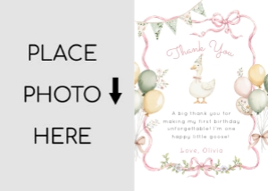 One silly goose pink bow girl 1st birthday photo thank you card design preview