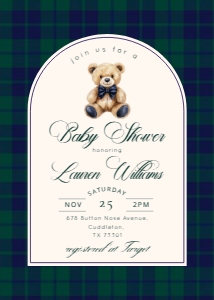 Polo teddy bear Classic Plaid Baby shower invitation template design preview