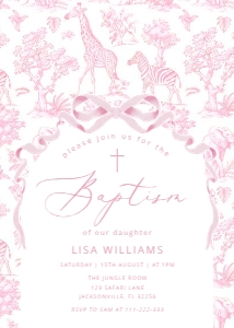 Pink Toile Safari Baprism invitation design preview