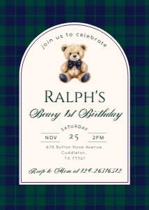Polo Teddy Bear Boy Beary 1st Birthday Photo Invitation design preview