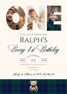 Polo Teddy bear Bearly 1st BIrthday Photo Collage invitation design preview