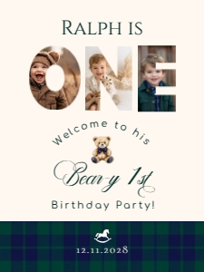 Polo Teddy Bear Photo Beary 1st BIrthday party Welcome sign design preview