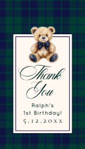 Polo Teddy bear Ecitable Beary 1st BIrthday Plaid favor tag design preview