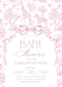 Pink Toile Safari Baby Shower Bundle. Corjl Editable Template design preview