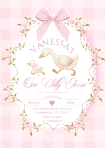 Pink One Silly Goose Gingham 1st Birthday invitation design preview
