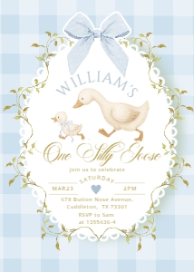 Blue One Silly goose First Birthday invitation template design preview