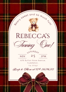Winter Bear 1st Birthday Girl invitation, Classic Christmas Plaid design preview