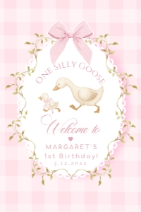 One Silly Goose Pink Gingham Birthday Welcome sign template design preview