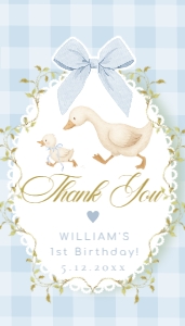 One Silly Goose Blue Gingham Bow Birthday thank you tag template design preview